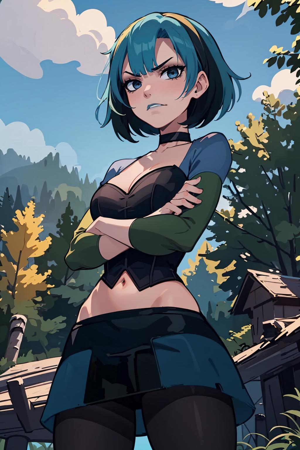 A woman with blue hair and black stockings standing in front of a forest -  SeaArt AI