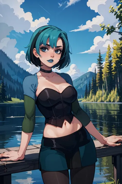 (masterpiece, best quality:1.2),  gwentd, 1girl, solo, large breasts,  breasts, choker, makeup, midriff, pantyhose, skirt, corset, long sleeves, outdoors, looking at viewer, dock, lake, reflection, blue sky, forest, arms at sides,