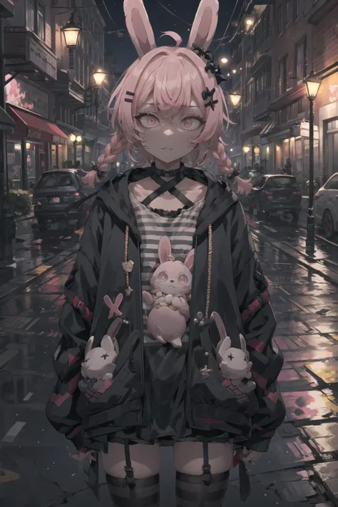 anime girl with pink hair and bunny ears standing in the rain