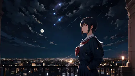 (masterpiece:1.2), 50-year-old woman, school uniform, detailed background, epic composition, standing on the balcony, upper body, from above, (night, meteor shower, star, moon, dark clouds:1.1), moon