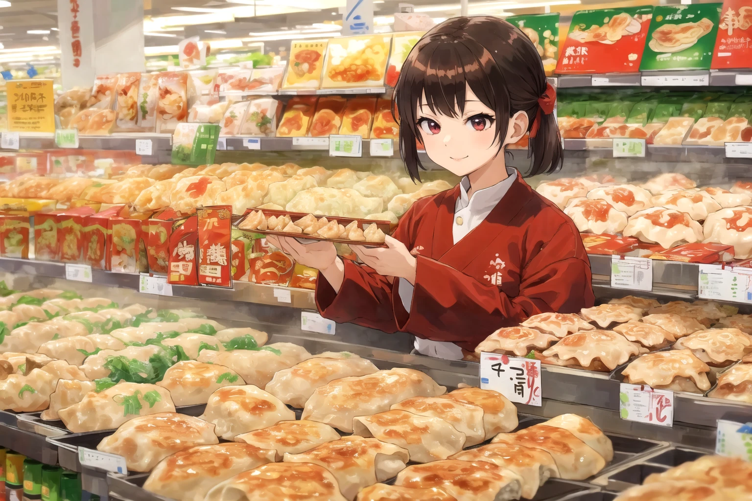 (melhor qualidade:1.4), anime, Sozinho, Uma menina no supermercado gyoza bolinhos jiaozi