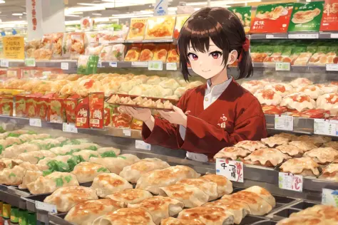 (best quality:1.4), anime, solo, A girl in supermarket gyoza dumplings jiaozi