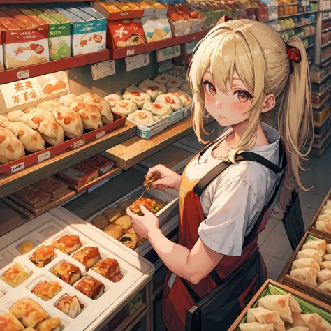 (best quality:1.4), anime, solo, A girl in supermarket gyoza dumplings jiaozi