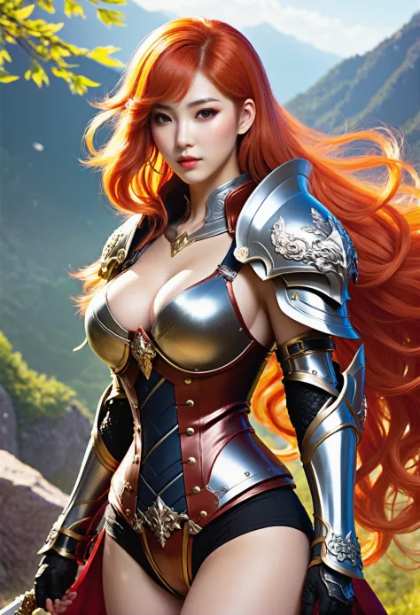 korean MMORPG character design, 1girl, woman, mountain antipaladin lord , (armor:1.3), , bombshell hair, shiny red-orange hair, Finger Waves,very long hair, toned hourglass figure, korean<lora:EnvyEnhanceXL01:1>