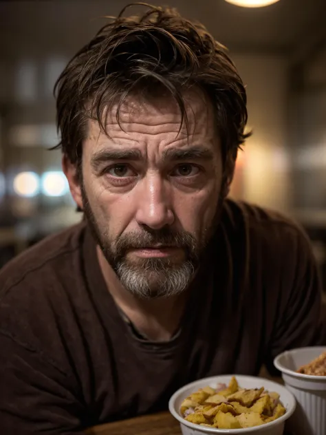 Gritty Portrait Photo of a weary,rugged individual sitting in a sparse,nondescript diner,his eyes betraying a sense of resigned ...
