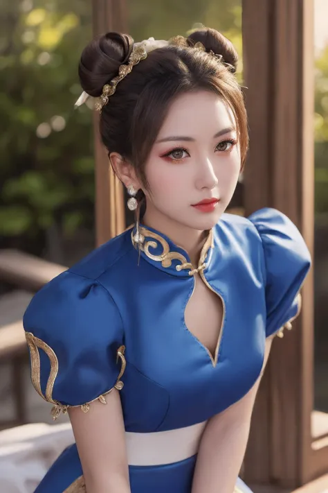 1gril,(solo:1.2),chunli,(brown eyes),brown hair,(bun cover),double bun,eyeliner,hair bun,lipstick,makeup,pink lips BREAK blue dr...