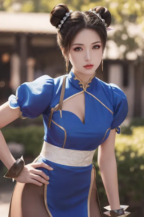 1gril,(solo:1.2),chunli,(brown eyes),brown hair,(bun cover),double bun,eyeliner,hair bun,lipstick,makeup,pink lips BREAK blue dress,boots,bracelet,brown pantyhose,china dress,chinese clothes,cross-laced footwear,dress,gold trim,jewelry,pelvic curtain,puffy sleeves,sash,short sleeves,side slit,spiked bracelet,spikes,white boots,(looking at viewer:1.2),outdoors,fighting_stance,(masterpiece:1.2),high resolution,unity 8k wallpaper,(beautiful detailed eyes:1.2),perfect lighting,extremely detailed CG,(perfect hands, perfect anatomy),(illustration:0.8),best quality,(detailed face:1.2),(Petals_flying),