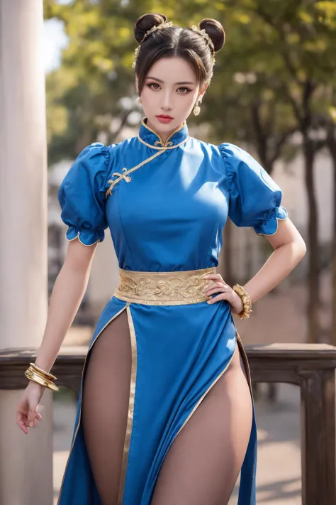 1girl,(solo:1.2),chunli,(brown eyes),brown hair,(bun cover),double bun,eyeliner,hair bun,lipstick,makeup,pink lips,blue dress,boots,bracelet,brown pantyhose,chinese clothes,cross-laced footwear,dress,gold trim,jewelry,pelvic curtain,puffy sleeves,sash,short sleeves,side slit,spiked bracelet,spikes,white boots,(looking at viewer:1.2),outdoors,upper body,detailed face,detailed skin,
(beautiful detailed eyes:1.2),perfect lighting,(illustration:0.8),best quality,masterpiece,8k,incredibly_absurdres,best quality,depth field,photorealistic,ultra highres,real picture,(realistic:1.2),masterpiece,intricate details,ultra-detailed,