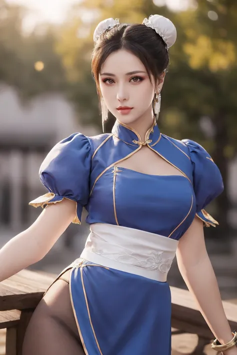 1gril,(solo:1.2),chunli,(brown eyes),brown hair,(bun cover),double bun,eyeliner,hair bun,lipstick,makeup,pink lips BREAK blue dr...