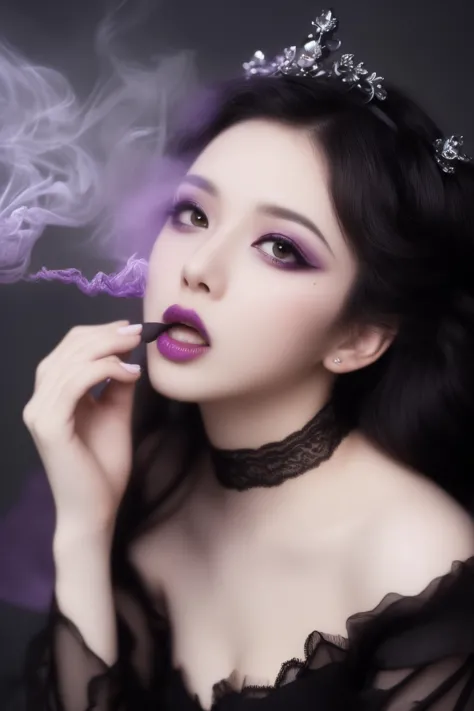 (Masterpiece, best picture quality, master work), epic composition, Tower of Doom,(Gothic Eyeliner), Gothic eyeshadow, Gothic costume, purple tone,(photo focus,DOF, aperture, crazy detail, elegance, gorgeous, exotic, loving, surreal),(Volume purple smoke), screaming audience