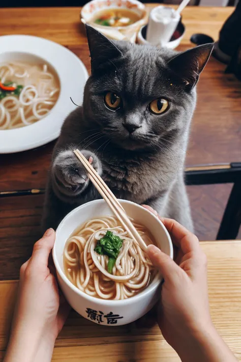 cat,(pov:1.3),pov_hands handheld chopsticks,eating noodles,sitting,looking at viewer,