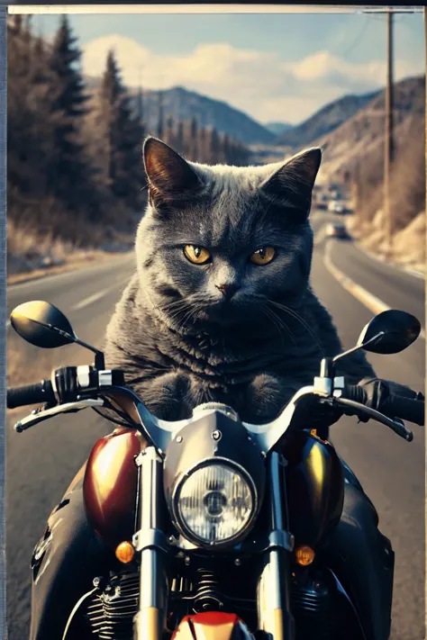 <lora:Chartreux_v3:0.8>,A cat rides a motorcycle on the road,sunglasses,(from beside:1.2),cool,8k,masterpiece,poster,upper body,...