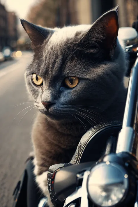 cat,sitting,A cat rides a motorcycle on the road,sunglasses,(from beside:1.2),cool,detailed face,8k,masterpiece,poster,upper body,helmet,