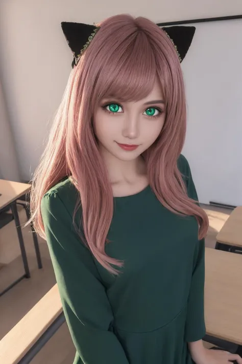 anyaforger,anya forger,bangs,(green eyes:1.5),pink hair,ahoge,hair ornament,smile,(asian:1.2),cute,<lora:anya forger s1-lora-noc...