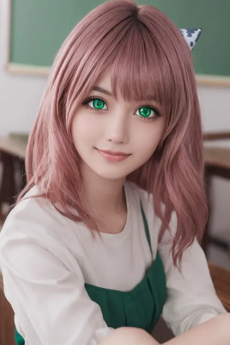 anyaforger,anya forger,bangs,(green eyes:1.5),pink hair,ahoge,hair ornament,smile,(asian:1.2),cute,<lora:anya forger s1-lora-noc...