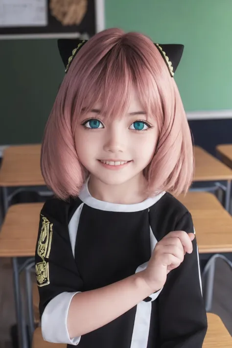 anyaforger,anya forger,bangs,(green eyes:1.2),pink hair,ahoge,hair ornament,(asian:1.2),cute,female ,smile,
BREAK long sleeves,dress,,socks,(black_dress:1.3),
BREAK indoors,classroom,
BREAK looking at viewer,(cowboy shot:1.5),
(masterpiece:1.2),best quality,high resolution,unity 8k wallpaper,(illustration:0.8),(beautiful detailed eyes:1.6),extremely detailed face,perfect lighting,extremely detailed CG,(perfect hands, perfect anatomy),