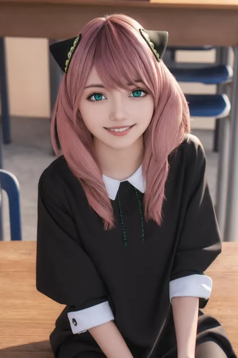 anyaforger,anya forger,bangs,(green eyes:1.2),pink hair,ahoge,hair ornament,(asian:1.2),cute,smile,23 years old,
BREAK long sleeves,dress,,socks,(black_dress:1.3),
BREAK indoors,classroom,
BREAK looking at viewer,(cowboy shot:1.5),
(masterpiece:1.2),best quality,high resolution,unity 8k wallpaper,(illustration:0.8),(beautiful detailed eyes:1.6),extremely detailed face,perfect lighting,extremely detailed CG,(perfect hands, perfect anatomy),