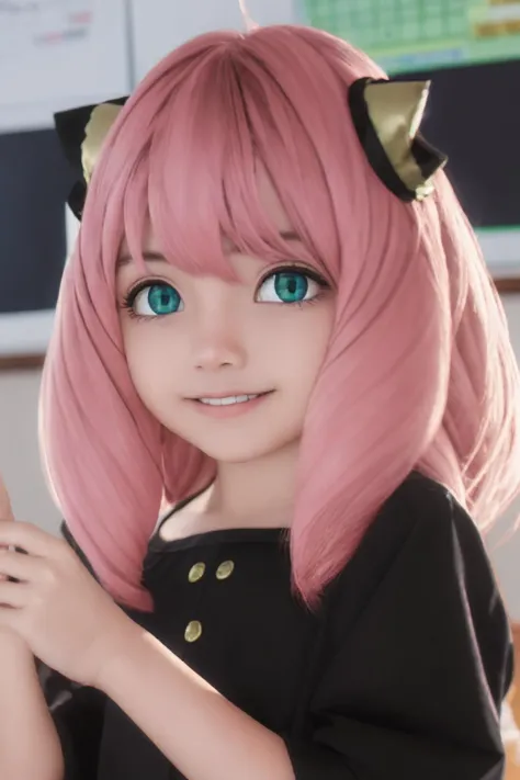 anyaforger,anya forger,bangs,(green eyes:1.2),pink hair,ahoge,hair ornament,(asian:1.2),cute,evil grin,female ,
BREAK long sleeves,dress,,socks,(black_dress:1.3),
BREAK indoors,classroom,
BREAK looking at viewer,(cowboy shot:1.5),
(masterpiece:1.2),best quality,high resolution,unity 8k wallpaper,(illustration:0.8),(beautiful detailed eyes:1.6),extremely detailed face,perfect lighting,extremely detailed CG,(perfect hands, perfect anatomy),