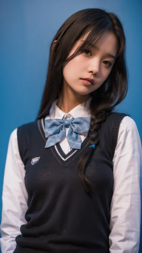 best quality, masterpiece, (photorealistic:1.4),  realistic, 
1girl, solo, long hair, black hair, lips,, blue background, black eyes, sweater vest, bow,