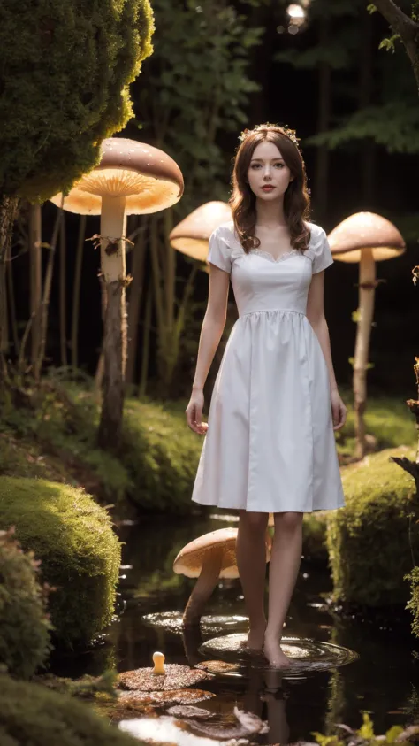 Adult Alice in wonderland standing in stream,large mushrooms in background,highly detailed,Beautiful lighting,photoreal,4k,depth of field,night scene,light from godrays shining on ground,
