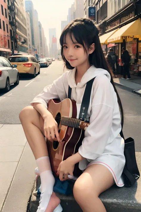 polaroid photo, masterpiece, best quality, 1girl, the cloud elf queen busks on the streets of new york, casual, sitting, playing...