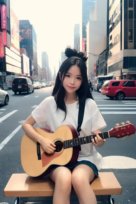 polaroid photo, masterpiece, best quality, 1girl, the cloud elf queen busks on the streets of new york, casual, sitting, playing guitar, film grain, soft lighting, smile