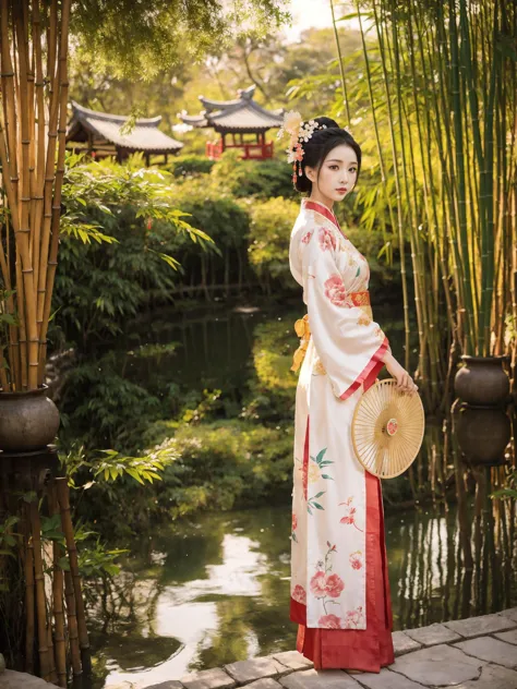 The image showcases a woman dressed in a traditional,possibly ancient,Chinese attire. She is adorned with a floral hairpiece and...