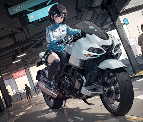 anime girl on a motorcycle in a parking lot