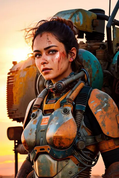 realistic photo modelshoot style, (detailed face), (woman waifu in a cramped rusty hydraulic mech exoskeleton), sunset, oily, sw...