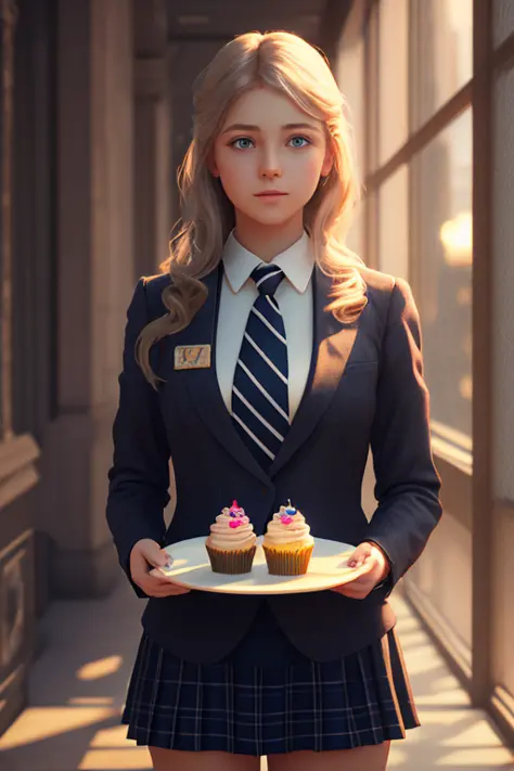a girl, wearing a tie, cupcake in her hands, school, indoors, (soothing tones:1.25), (hdr:1.25), (artstation:1.2), dramatic, (in...