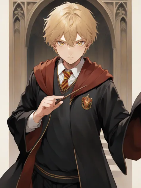 1boy, solo, anime, gryffindor uniform, black robe, blonde hair, wand, gryffindor emblem <lora:harry_potter_v1:1> <lora:aesthetic_anime_v1s:1>