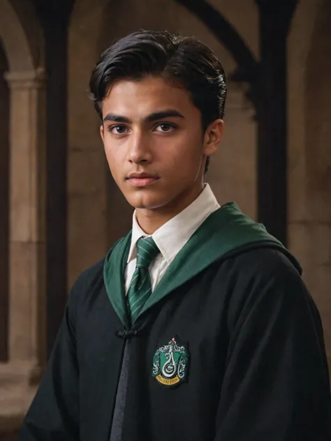 18 year old indian boy, solo, slytherin uniform, digital painting, highly detailed face,black hair, seducing facial expression,wearing a black robe with the slytherin emblem, 1950s,dark background,warm colors, RAW candid cinema,16mm,color graded portra 400 film,remarkable color,ultra realistic, captured on a (Nikon D850)defiant facial expression <lora:harry_potter_v1:1>