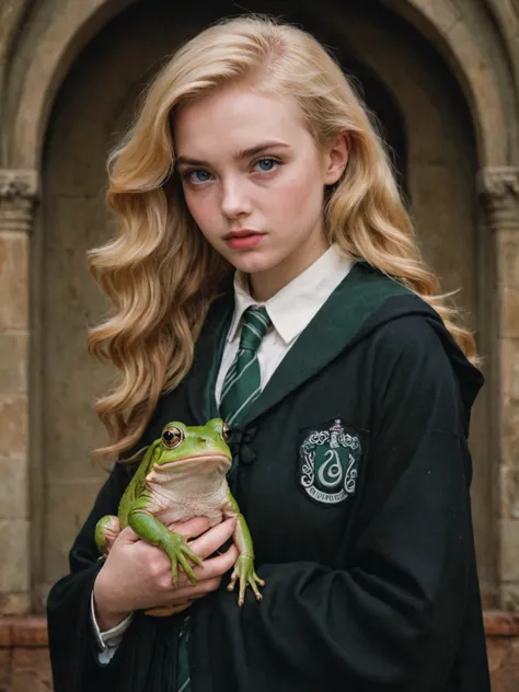 by Arturo Souto, by Brad Kunkle and wlop in the style of Daniel Merriam, solo, girl, cute 18 year old woman and her pet frog, slytherin uniform,  scarf, digital painting, pale skin,highly detailed face, blonde hair, seducing facial expression,wearing a black robe slytherin emblem stitched on chest, 1950s,dark background,warm colors, RAW candid cinema,16mm,color graded portra 400 film,remarkable color,ultra realistic,, captured on a (Nikon D850)defiant facial expression <lora:harry_potter_v1:1.2>