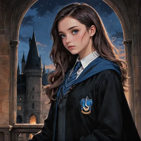 anime art, anime coloring, a girl wearing a ravenclaw uniform with black robe, hogwarts, ravenclaw emblem, low angle, muted colors, dark palette, hazy twilight, (looking away, looking far:1.3)  <lora:harry_potter_v1:1.1>