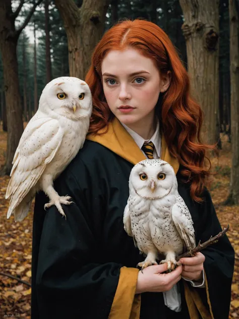 by Arturo Souto, by Brad Kunkle and wlop in the style of Daniel Merriam, solo, girl, cute 18 year old woman and her white pet owl, hufflepuff uniform,  scarf, digital painting, pale skin,highly detailed face, red hair, seducing facial expression,wearing a black robe, 1950s,dark background,warm colors, RAW candid cinema,16mm,color graded portra 400 film,remarkable color,ultra realistic,, captured on a (Nikon D850)defiant facial expression <lora:harry_potter_v1:1>