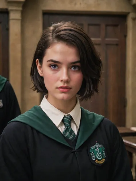 18 year old girl with short black hair, solo, slytherin uniform, digital painting, highly detailed face, seducing facial expression,wearing a black robe with the slytherin emblem, 1950s,dark background,warm colors, RAW candid cinema,16mm,color graded portra 400 film,remarkable color,ultra realistic, captured on a (Nikon D850)defiant facial expression <lora:harry_potter_v1:1>