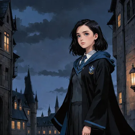 anime art, anime coloring, a girl wearing a ravenclaw uniform with black robe, hogwarts, ravenclaw emblem, low angle, muted colors, dark palette, hazy twilight, (looking away, looking far:1.3)  <lora:harry_potter_v1:1.1>