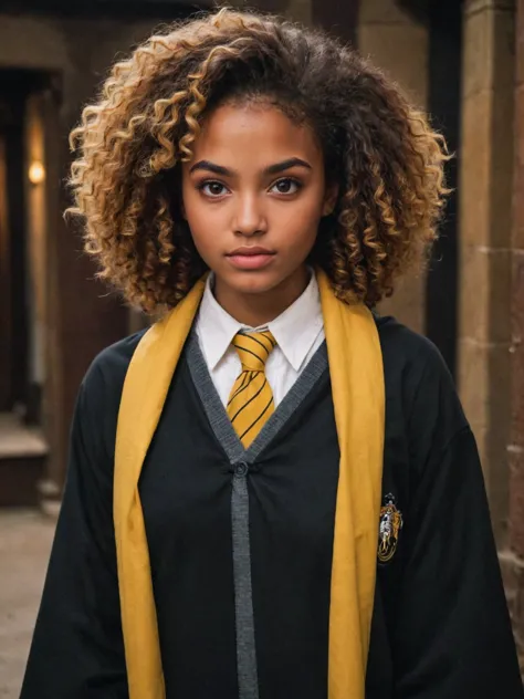 18 year old afro american girl with afro curly hair, solo, hufflepuff uniform, digital painting, highly detailed face, seducing facial expression,wearing a black robe with the hufflepuff emblem, yellow scarf, dark skin, 1950s,dark background,warm colors, RAW candid cinema,16mm,color graded portra 400 film,remarkable color,ultra realistic, captured on a (Nikon D850)defiant facial expression <lora:harry_potter_v1:1>