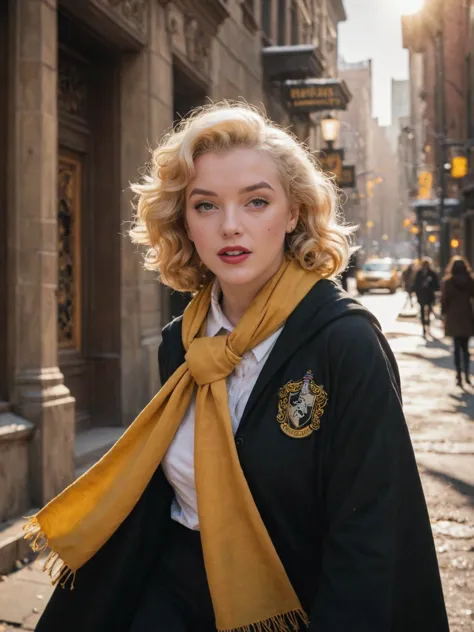 The movie film is still, with full body shots. On the streets of New York, the 25-year-old fair skinned Marilyn Monroe in a hufflepuff uniform dances in the wind, yellow scarf, winter, solo, creating a fictional scenery (intense sunlight: 1.4). Realistic details, hufflepuff hogwarts uniform, hufflepuff emblem,  black robe, happy emotions, sunlight shining on the face, detailed character expressions, light amber and red, amazing quality, wallpaper, simulated film particles,
eye contact,looking at the camera,<lora:harry_potter_v1:1>