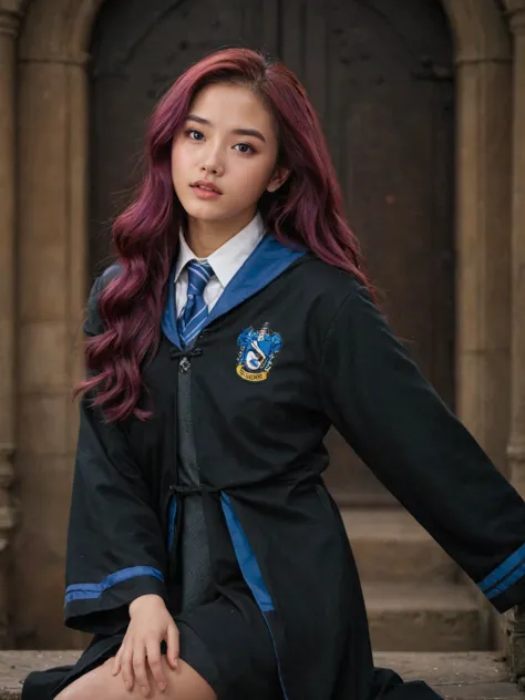 18 year old korean girl with long purple hair, solo, ravenclaw uniform, kpop singer, digital painting, highly detailed face, seducing facial expression,wearing a black robe with the ravenclaw emblem, short skirt, 1950s,dark background,warm colors, RAW candid cinema,16mm,color graded portra 400 film,remarkable color,ultra realistic, captured on a (Nikon D850)defiant facial expression <lora:harry_potter_v1:1>