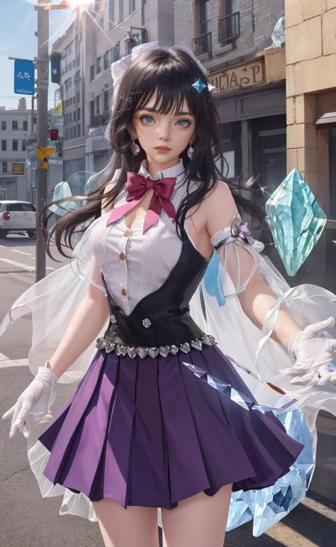 realistic,photorealistic,masterpiece,best quality,1girl,solo,(standing in street),looking at viewer,((crystals texture hair)),Crystal purple gemstone gloves,(Beautiful detailed Glass hair),(Glass shaped texture hand),(Crystallize texture body),Gem body,Hands as clear as Jewels,Crystallization of closures,(crystals texture skin),Lens flare,Light leaks,((masterpiece)),(Best quality),Beautiful detailed eyes,bowties,buttons,Bar shoulders,Completed skirt,