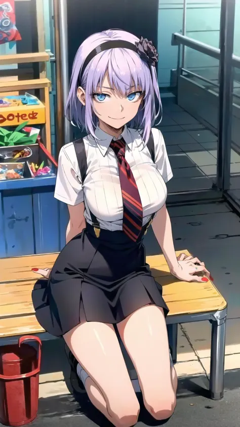 anime girl sitting on a bench in front of a store