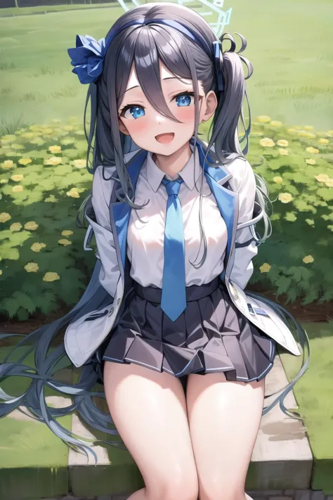 anime girl sitting on a bench in a park with a blue tie