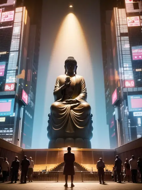(giant tall buddha statue front meditating far away:1.2, <lora:zyd232_BuddhaStatue_v1.1:0.5>), (cyberpunk background:1.5), (photorealistic:1.4), (best quality:1.0), (ultra highres:1.0), 8k, RAW photo, (masterpiece:0.2), ultra-detailed, (crowd from behind:1...