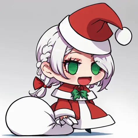 <lora:Padoru_Meme:0.8> Padoru_Meme, open mouth, holding, long sleeves, holding sack, smile, meme, :d, red coat, red headwear  <lora:IvyFrost_UG_v1:0.5> ivyfrost_ug, 1girl, green eyes, white hair, bow in braid, single side braid, long hair, hair over one eye, eyeshadow, prettyeyes