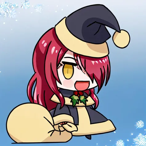 anime girl with red hair wearing a santa hat and holding a bag