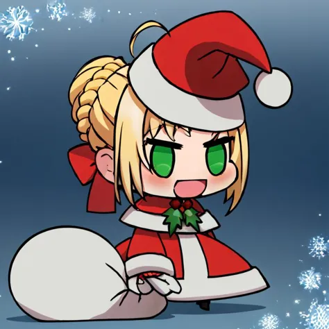 <lora:Padoru_Meme:1>,  
Padoru_Meme, 1girl, blush, smile, open mouth, blonde hair, long sleeves, dress, holding, green eyes, bra...