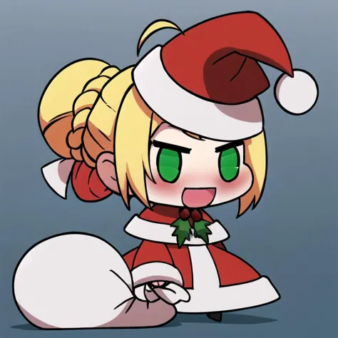 <lora:Padoru_Meme:1>,  
Padoru_Meme, 1girl, blush, smile, open mouth, blonde hair, long sleeves, dress, holding, green eyes, bra...