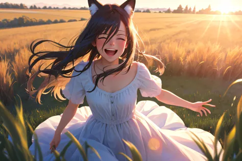 (MASTERPIECE),(HIGH RESOLUTION),8K,perfect light, nature world, laughing girl run with fox in grass field,long swirling hair, sw...