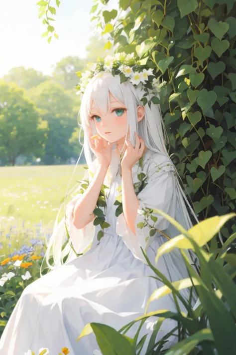(masterpiece, best quality),1girl with long white hair sitting in a field of green plants and flowers,her hand under her chin,wa...